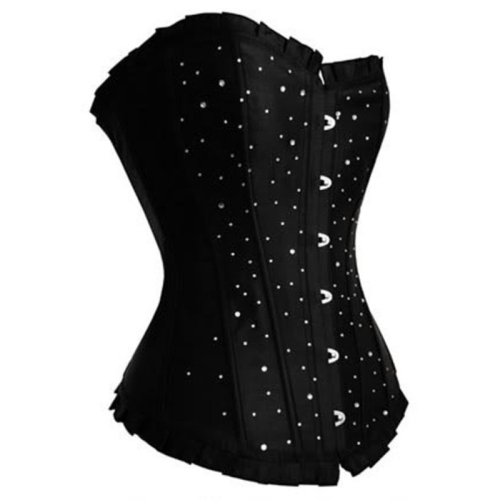 Black Sexy Satin Lace Up Boned Overbust Corset Rhinestone Cover Waist Cincher Solid Clubwear BodyShaper Bustier