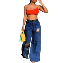 European and American Sexy Women's Clothing: Irregular Hole Loose Jeans