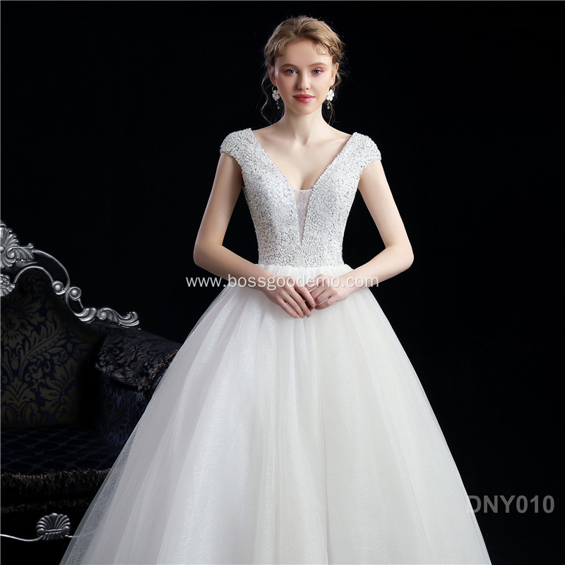 Long Train Lace sleeveless backless puffy short Wedding Dress Bridal Gowns