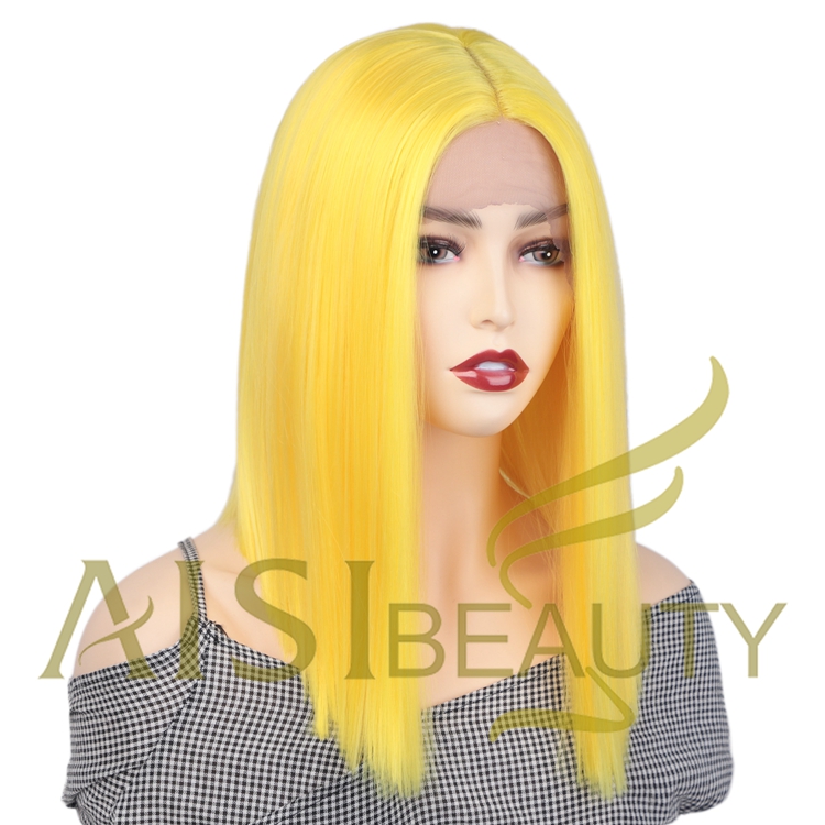Aisi Beauty Hot Selling Supplier Shoulder Length Silky Straight Middle Part Yellow Synthetic Hair For Black Women Lace Front Wig