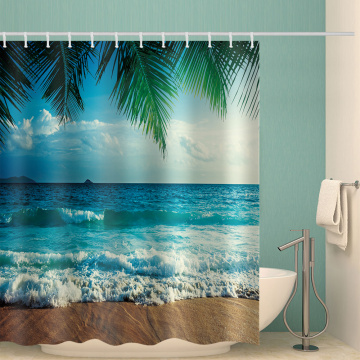 Beach Sea Wave Palms Waterproof Shower Curtain Tropical Style Bathroom Decor