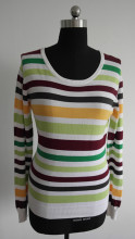 Ladies Round Neck long sleeve Multi-color stripe pullover