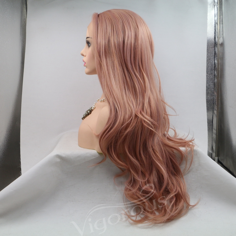 Fashion Idol High Quality Wholesale Long Natural Wavy Mono Pink Fiber Wigs 13*3 Lace Synthetic Hair Curly Making Machine