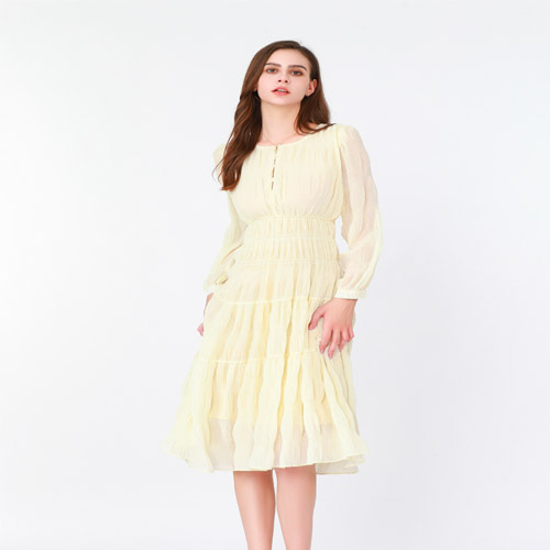 Pleated Long Sleeve Ruffle Dress