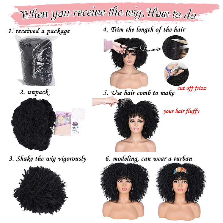 Bulk Sales Short Hairband Cheap Non Lace Synthetic Bangs Afro Kinky Curly Wigs With Fringe Afro Wig For Black Women