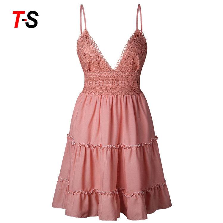 Best selling Summer Sweet Casual Party Style Dresses Striped sling sexy v-neck bow lace splice dress