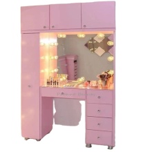 European Style Nordic Wooden Pink LED Makeup Vanity Table with Mirrors