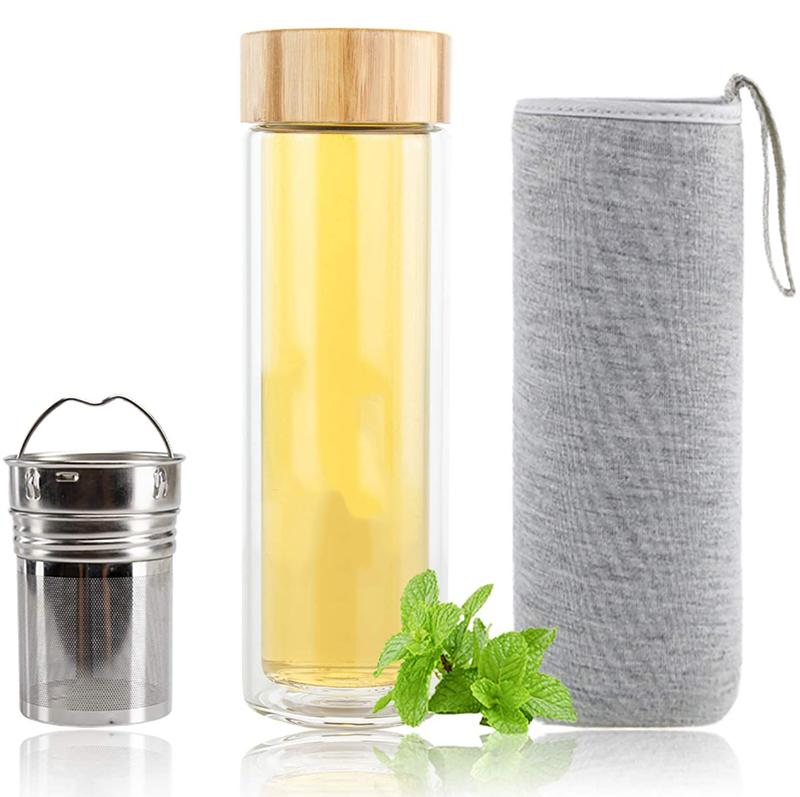 450ml double wall glass tea infuser water bottle bamboo cover glass water bottle