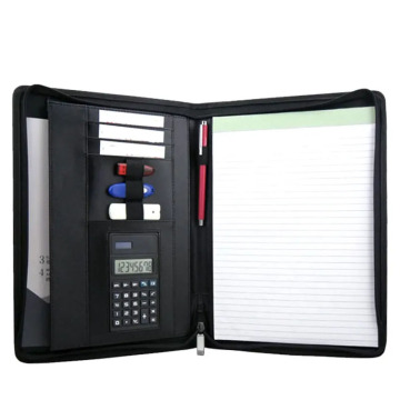 ModernQiu A4 Black Leather Zippered Padfolio for Business Interviews