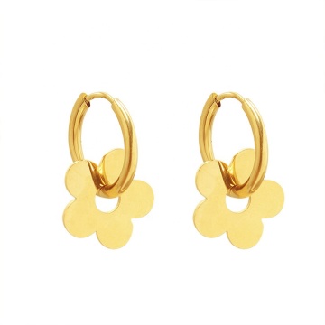 Trendy Stainless Steel Gold Flower Charm Hoop Earrings