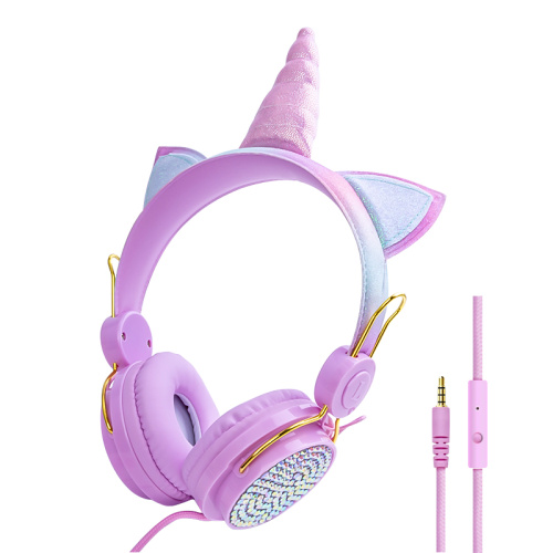 Foldable On-Ear Wired Headset Unicorn Diamond Kids Headphones with LED Cat Ears Microphone