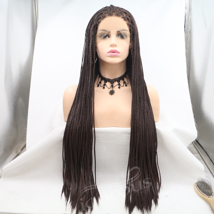 Long straight black cheap wholesale high guality heat resistant synthetic braided wig with lace front