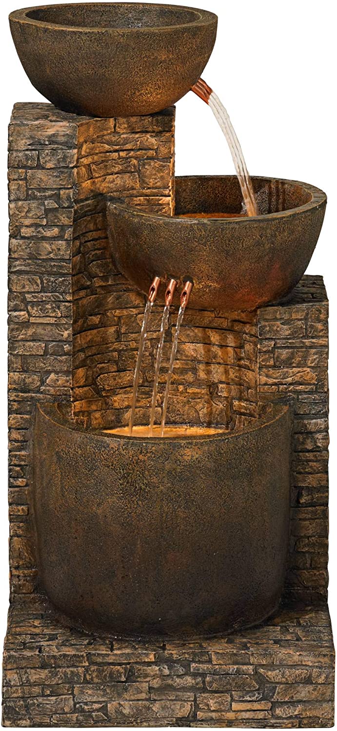 Fontaine d&#39;eau au sol extérieur rustique avec lumière LED