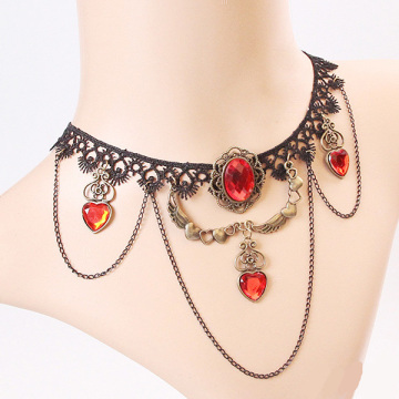 Collar de cordón negro Necklet gemas rojo Retro