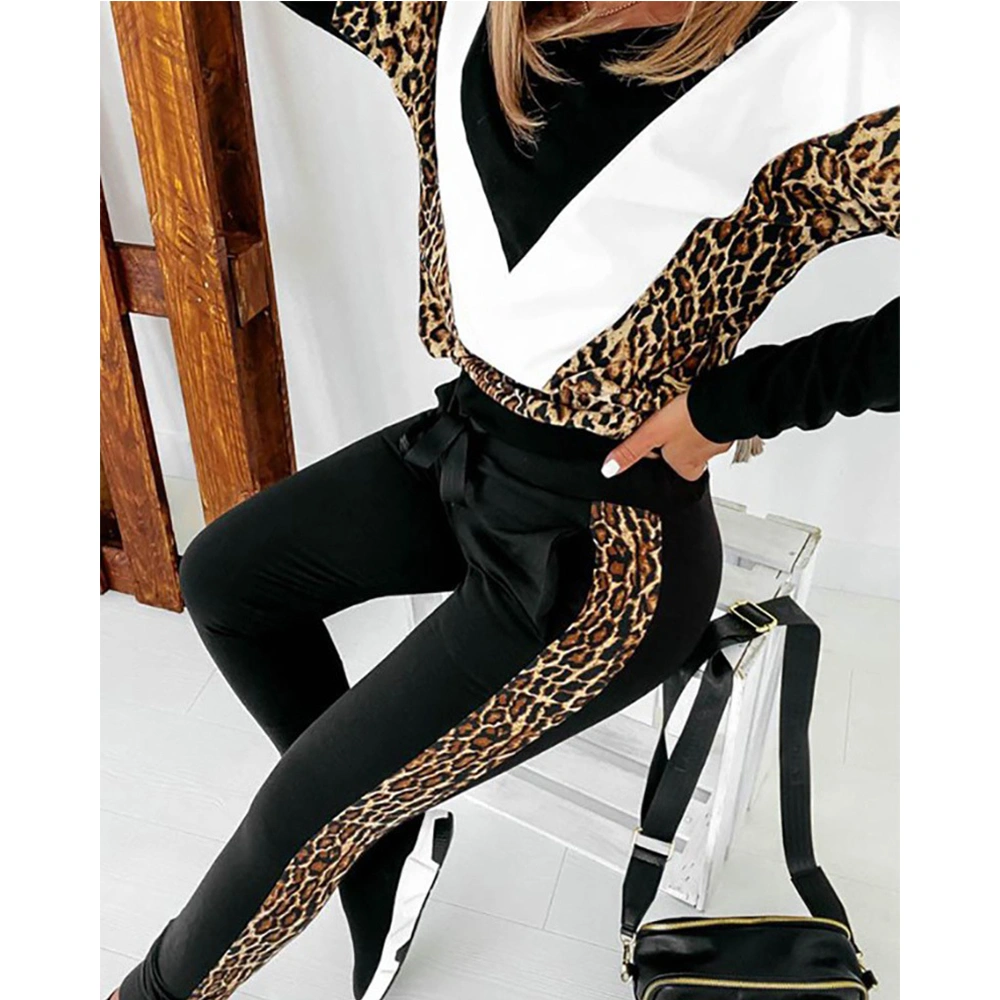 2021 New Arrival Womens Spring Casual Loose Leopard Print Outfit Stitching 2 Piece Pants Sets