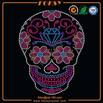 Colorful Flower Skull rhinestone transfer motif