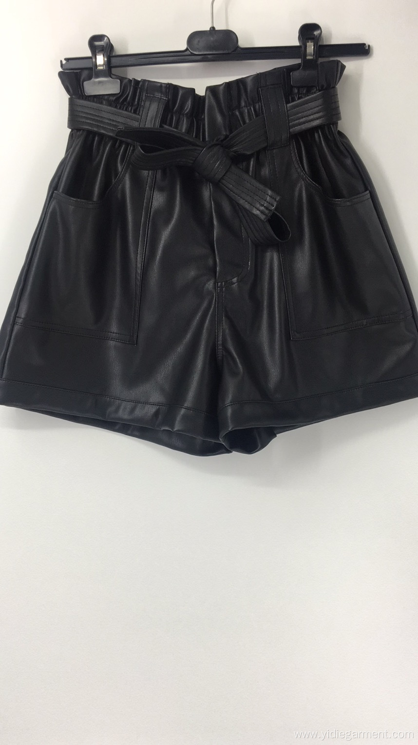 Faux Leather High Waisted Paperbag Shorts