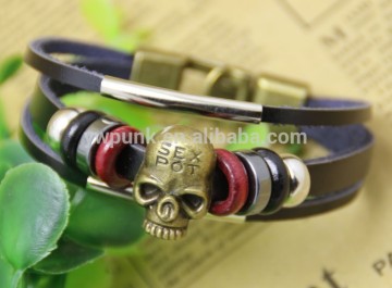 DIY jewelry mens bracelet,leather bracelet sexpot skull head punk sign charm