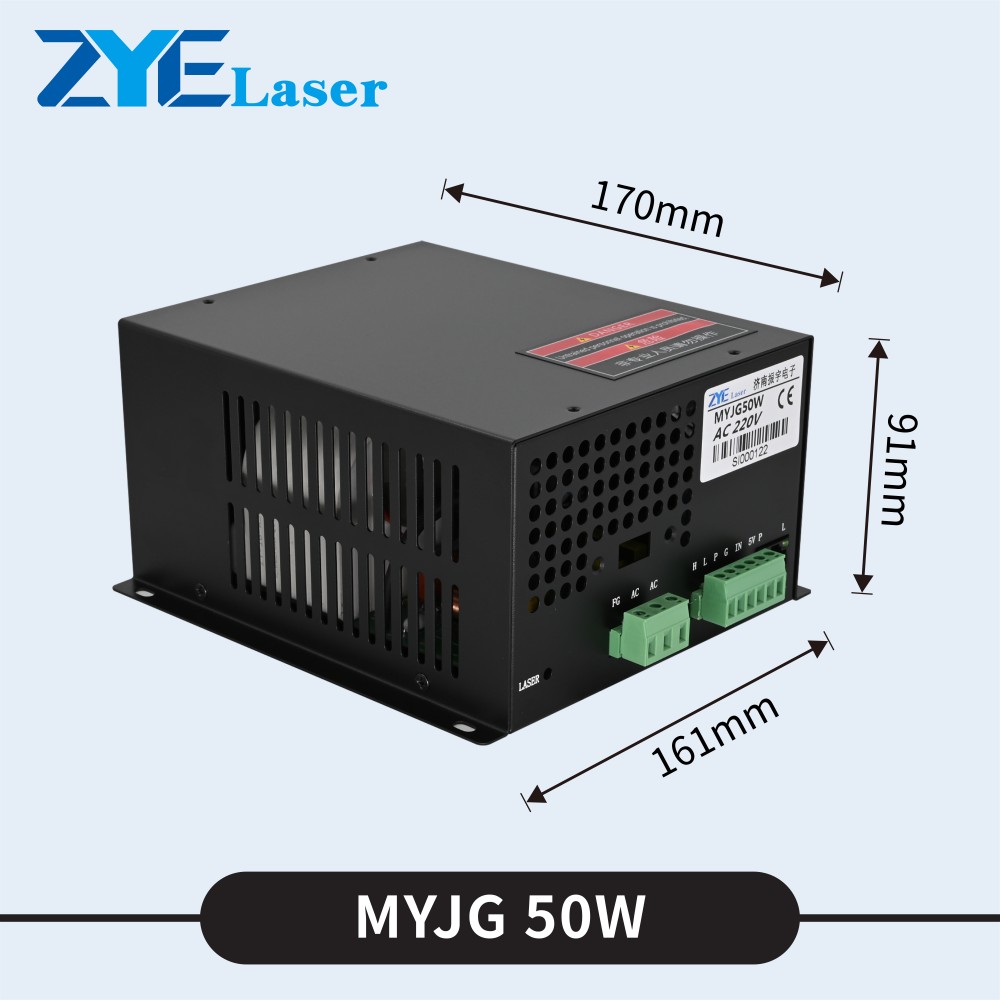 أبعاد مصدر طاقة الليزر MYJG50W 170 × 161 × 91 ملم MYJG50W laser power supply dimensions 170 by 161 by 91mm