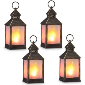 Flame Effect Led Lantern Golden Bushed Black