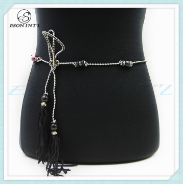 New Designed Fashion Women Long Thin Leather Wooden Beads Belt