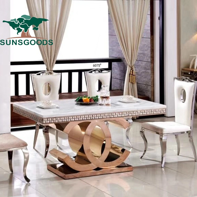 Home Furniture Modern Luxury Stainless Steel Artificial Marble Dining Table Set 