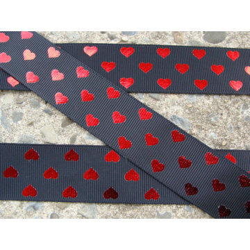 Fashion design black satin ribbon with heart printed shiny ribbon/wedding ribbon