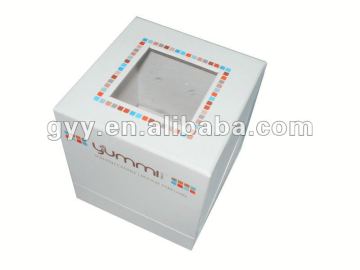 White square lid and base paperboard box with window for doll packaging