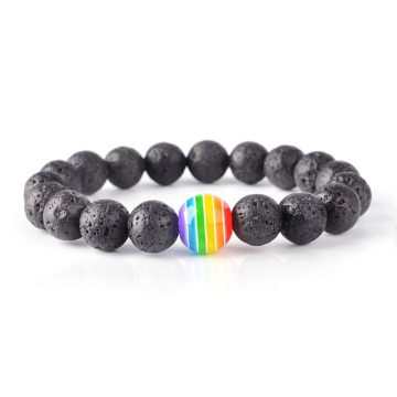 Black lava rock gay pride bead bracelet