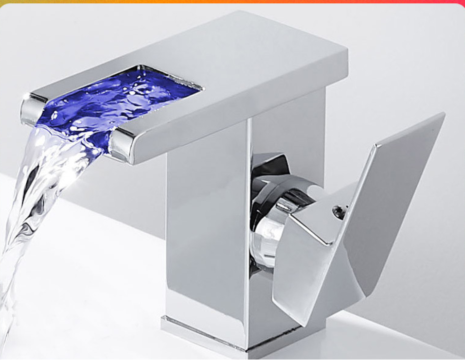 폭포 분지 믹서 단일 레버 욕실 황동 LED 색상 변경 수도꼭지 빛 폭포 세면대 수도꼭지