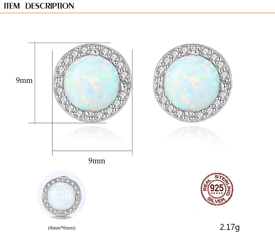 Round Treasure Blue Opal Gemstone CZ S925 Silver Stud Earrings