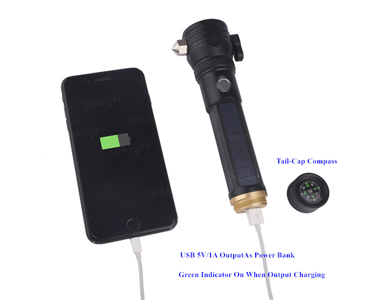 Factory OEM/ODM Multifunction Outdoor Survival Rescue Emergency Solar Rechargeable Flashlight With Knife Hammer And Compass