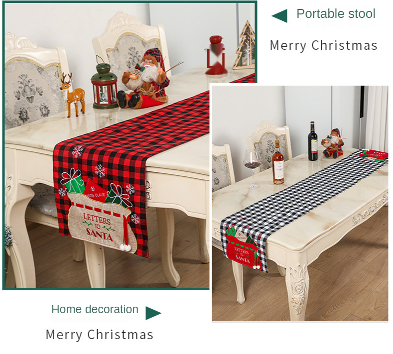 Christmas Table Runner Christmas Applique Embroidered Plaid Tablecloth Home Table Decoration Christmas Decorations