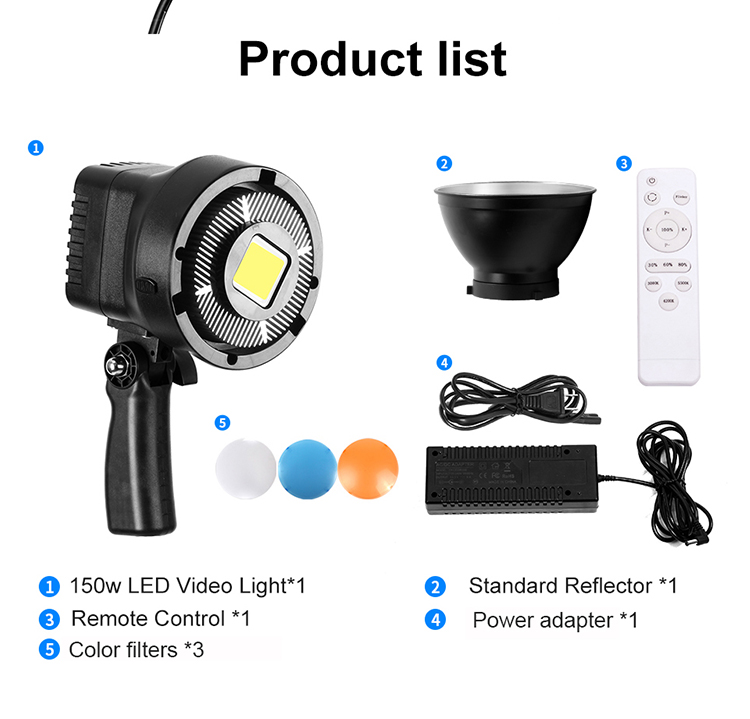 استوديو التصوير الفوتوغرافي 150W LED Video Light 5600K Daylight Dimmable Fill Light Sun Lamp with 3 Color Filters & Remote Control