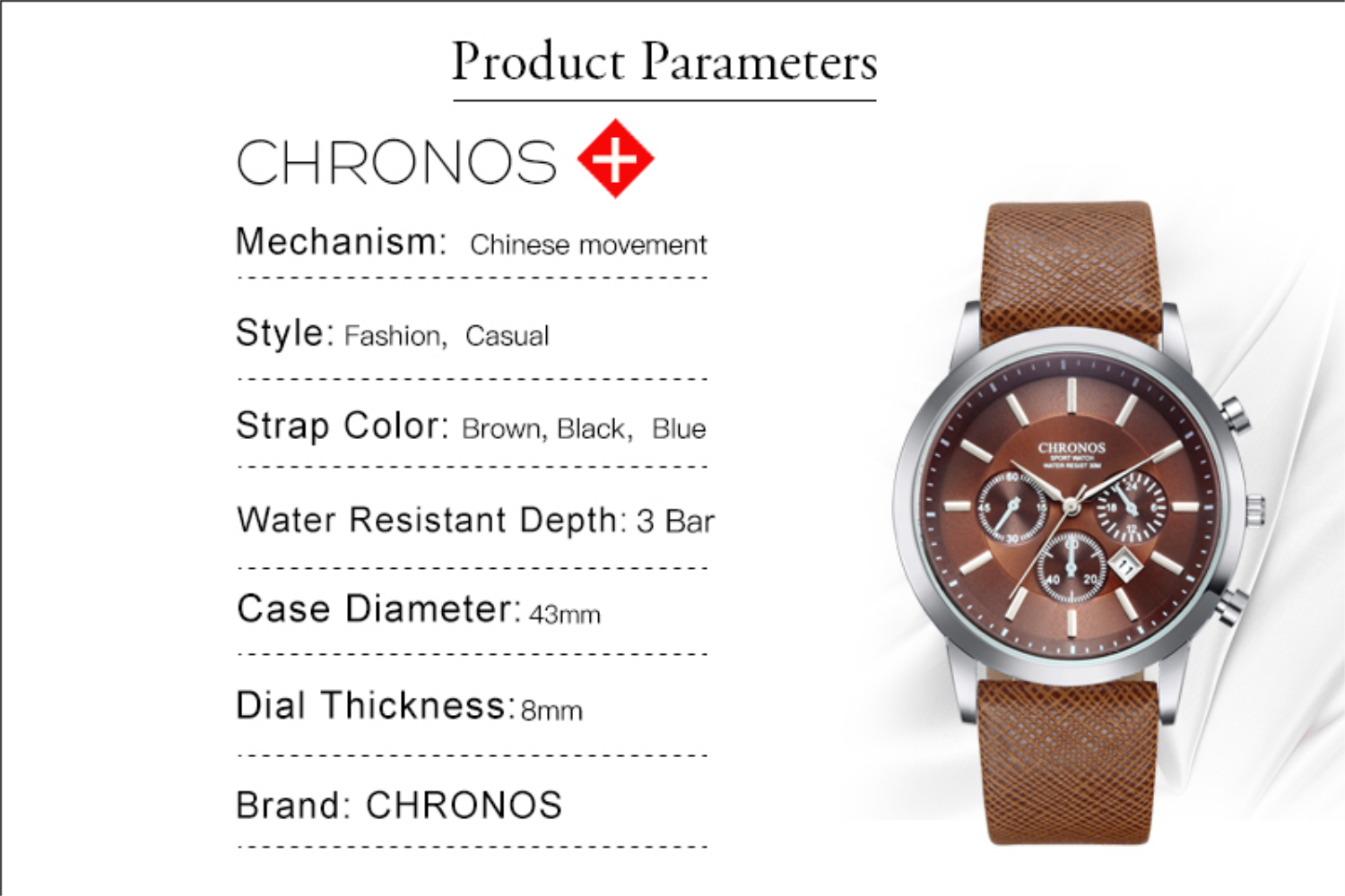 CHRONOS CH04 Quartz Watch Men Watches Chronograph Wristwatch Business Fashion Wristwatches Leather Strap Relogio Masculino