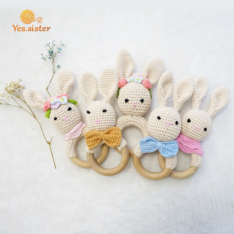 Crochet Bunny Rattle Wooden Baby Teether