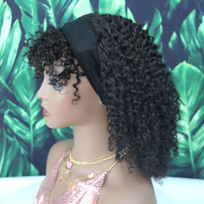 New Arrival Hot Sale Kinky Curly Headband Wig With Detachable Bangs Scalf Wig, Brazilian Glueless Human Hair Wig