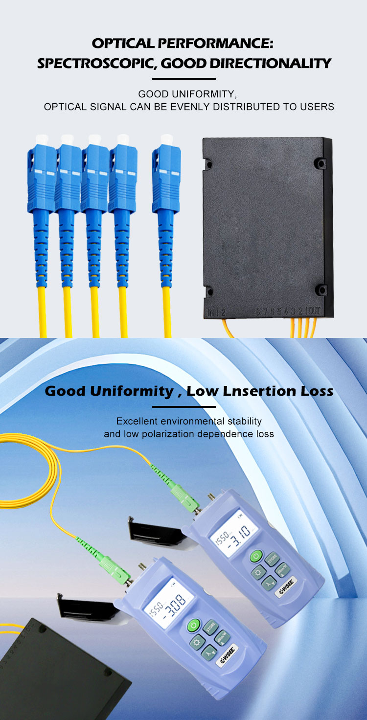 FTTH EPON GPON PLC Splitter 1:2 1:4 1:8 1:16 1:32 ABS cassette Box PLC Splitter 2.0mm 3.0mm Fiber optical FBT coupler splitter