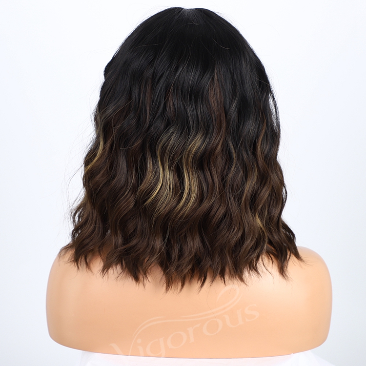 Top Quality Short Wavy Bob Wigs Black Women's Middle Part Highlight Blonde Synthetic Lace Wigs Wholesale Price