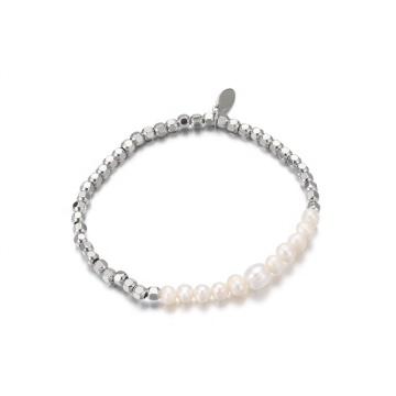 Irregular Pearl Elastic Oval Bead Bracelet with Geometric Hexagon Charm