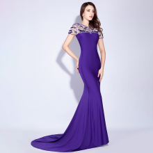 custom made long purple mermaid short sleeve ladies evening party wear gown