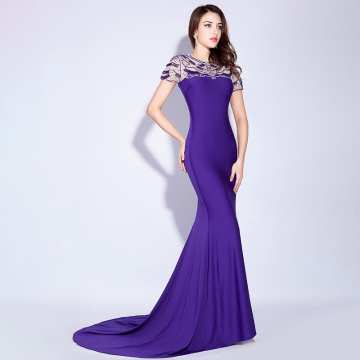 custom made long purple mermaid short sleeve ladies evening party wear gown