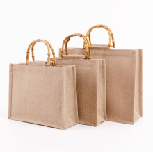 In Stock Waterproof Custom Bamboo Handle Burlap Tote Bags with Logo