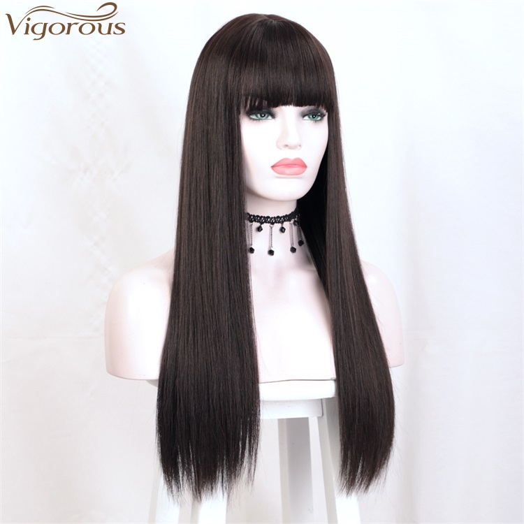 Vigorous High Temperature Cheap Long Silky Straight Black with Flat Bangs Synthetic Hair Wigs for Women Wholesale Price