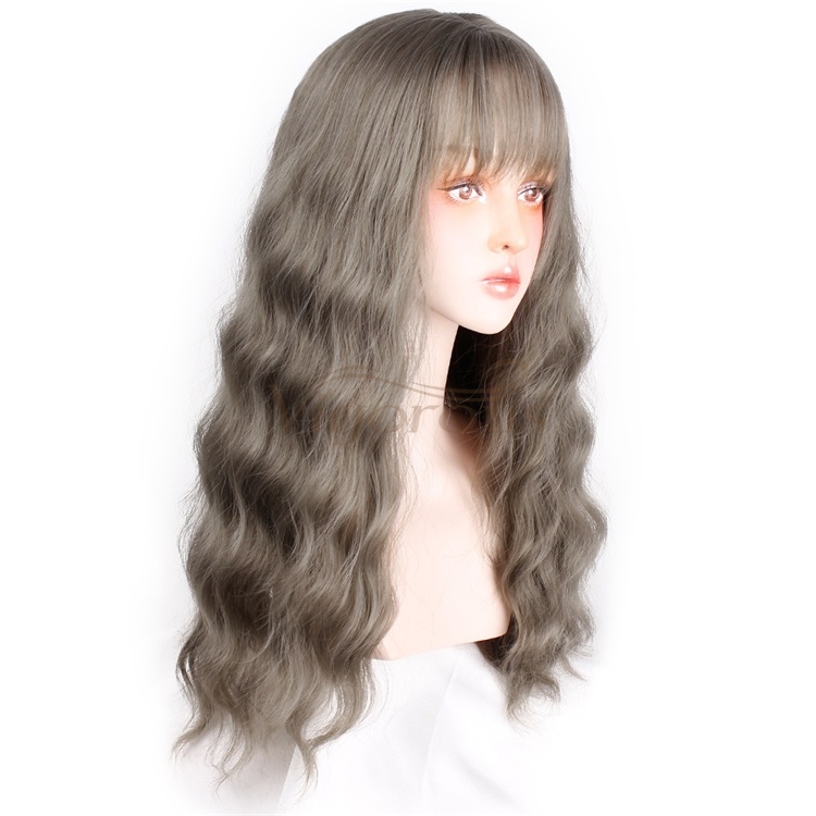 Vigorous 26 Inch Gray Long Wavy Wig with Bangs Beach Wave Curly Wig Heat Resistant Glueless Synthetic Wigs for Party Christmas