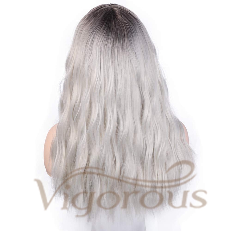 Vigorous Top Quality Cheap Price Long Ombre Grey Dark Root With Bangs Cosplay Party Fiber For Black Women Synthetic Hair Wigs