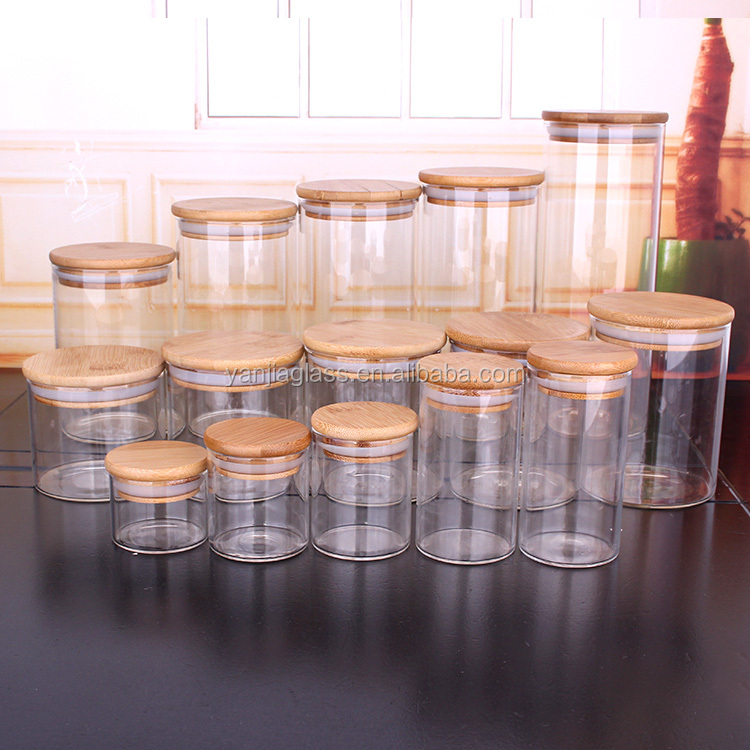 Kitchen stocked storage glass jar borosilicate jars container with bamboo lids
