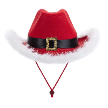 Western Cowboy Hat with Feathers and Santa Belt - Christmas Red Hat for Adults