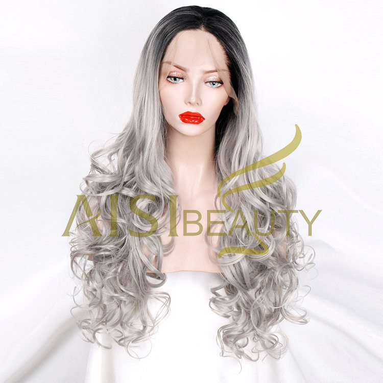 Aisi Beauty Wholesale Vendor Ombre Gray Big Curly Wave Wig Long Wavy Swiss Lace Synthetic Hair For Black Women Lace Front Wig