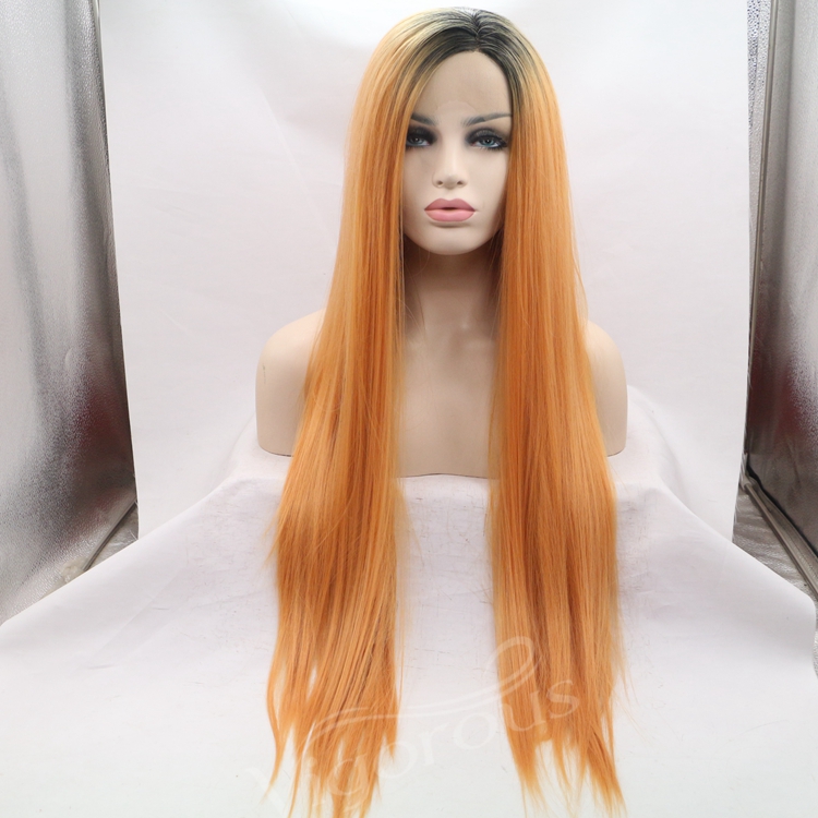 Vigorous ombre long straight premium high quality wholesale black women synthetic hair wigs with lace front